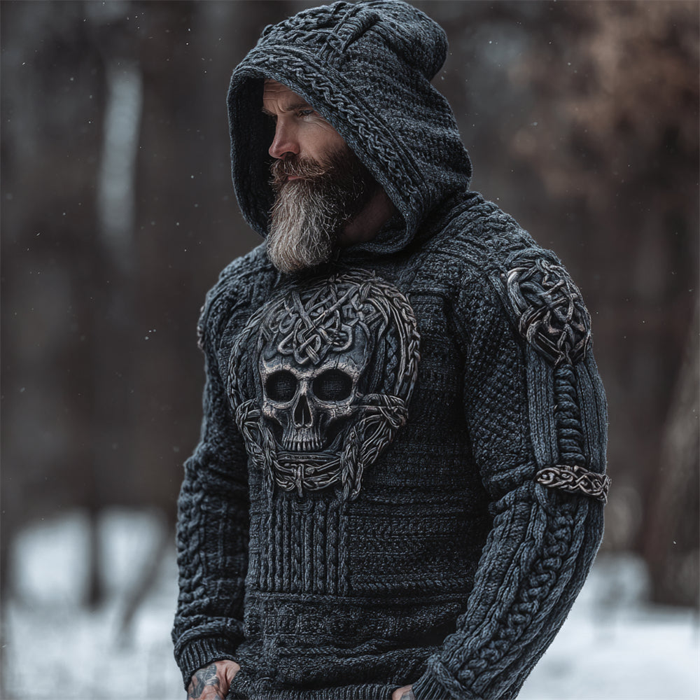 Viking Skull Men's Chunky Knit Hooded Sweater