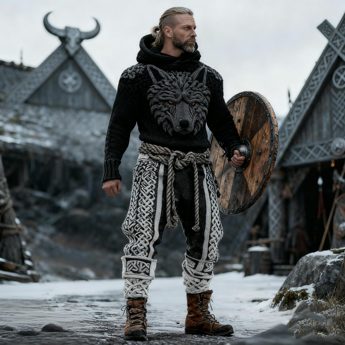 Men's Viking Wolf Totem Knitted Hooded Sweater