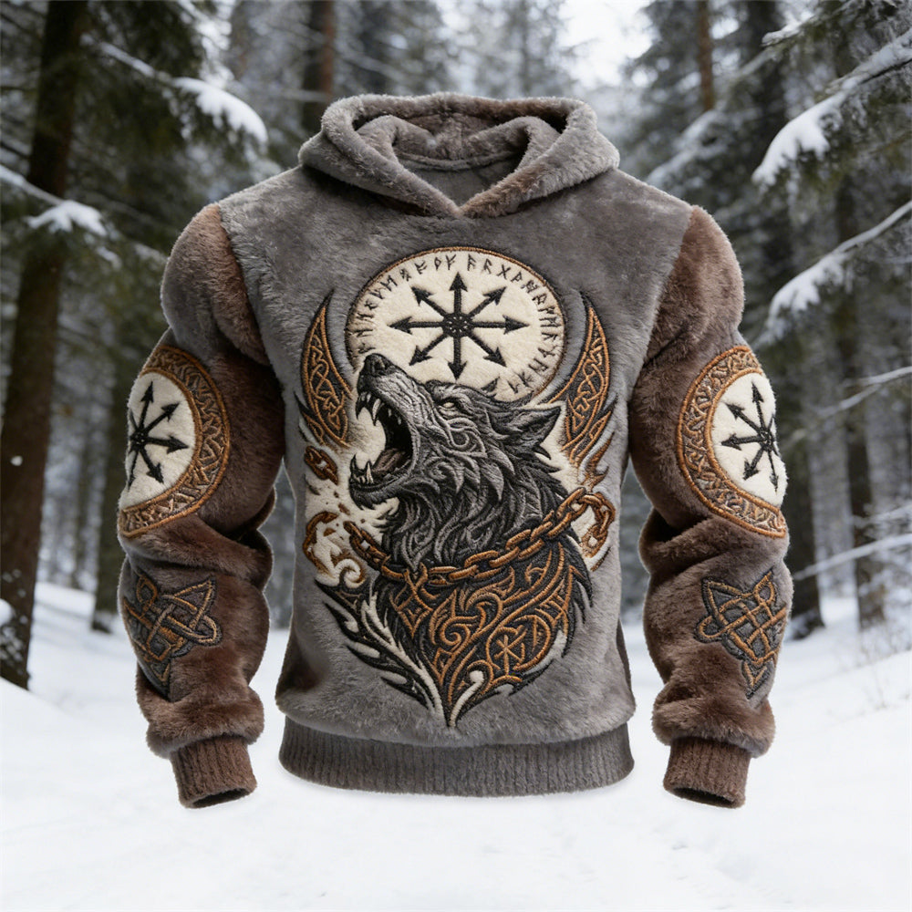 Viking Giant Wolf & Vegvisir Totem Men's Flannel Hooded Sweatshirt