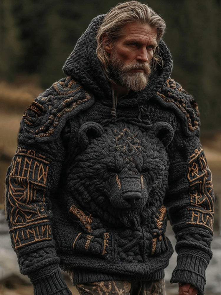 Men's Viking Brown Bear Celtic Knot Jacquard Knitted Hooded Sweater