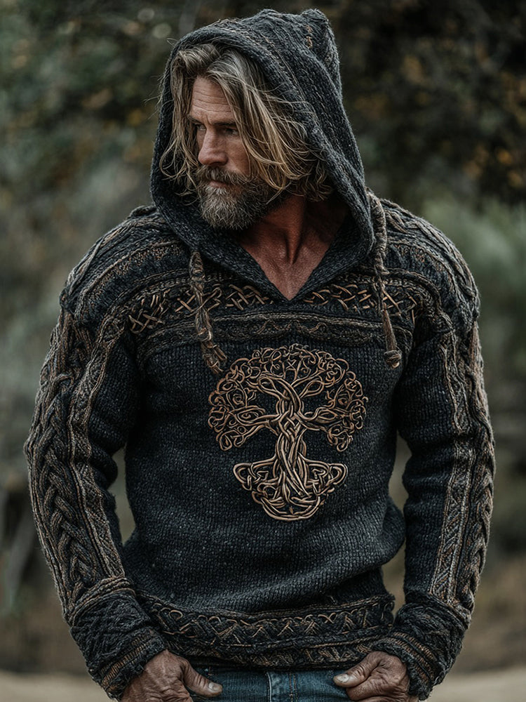 Men's Viking Tribal Tree Of Life Jacquard Knitted Hooded Sweater