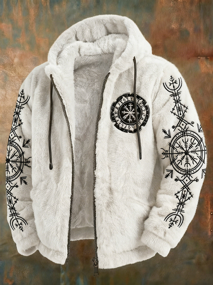 Men's Viking Tribal Jacquard Celtic With Crows & Wolves Inspired Plush Warm Zipped Hooded Jacket