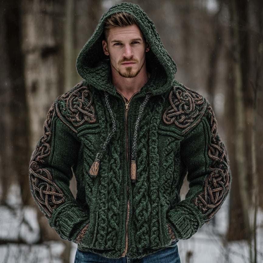 Men's Vintage Viking Celtic Knot Art Chunky Knit Hooded Zip-up Sweater