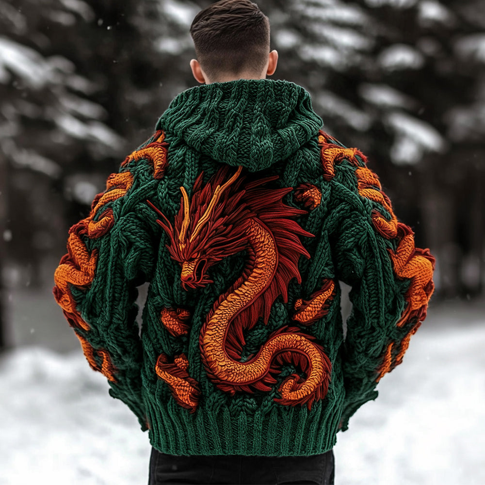 Men's Viking Dragon Celtic Thick Knit Zip-up Hooded Sweater
