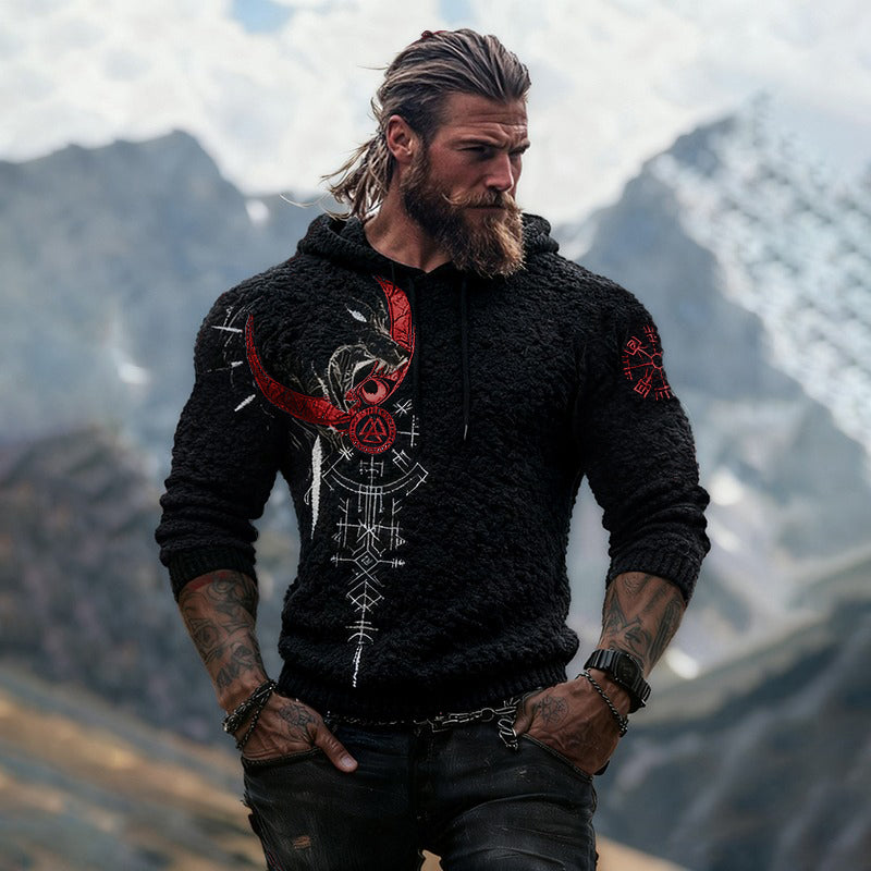 Viking Wolf Runes Design Men's Flannel Hoodie Sweater