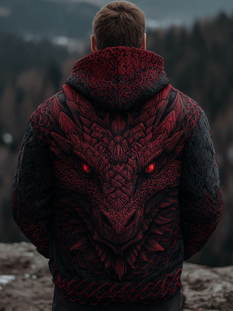 Men's Viking Red Dragon Style Celtic Thick Zip-up Hooded Sweater