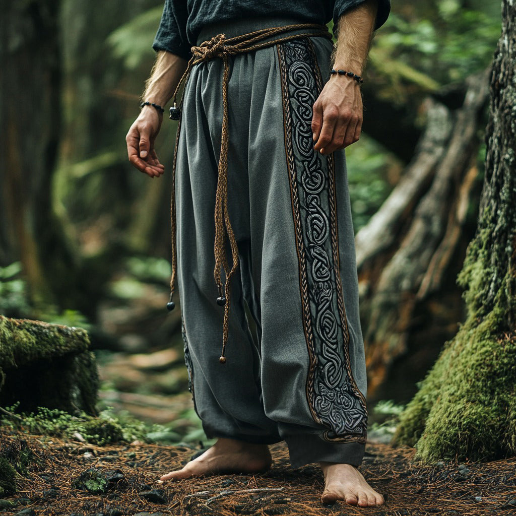 Vintage Tribal Viking Celtic Embroidery Art Linen Long Loose Wide-leg Pants