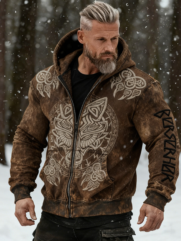 Men's Retro Viking Wolf Totem Distressed Zipper Hoodie