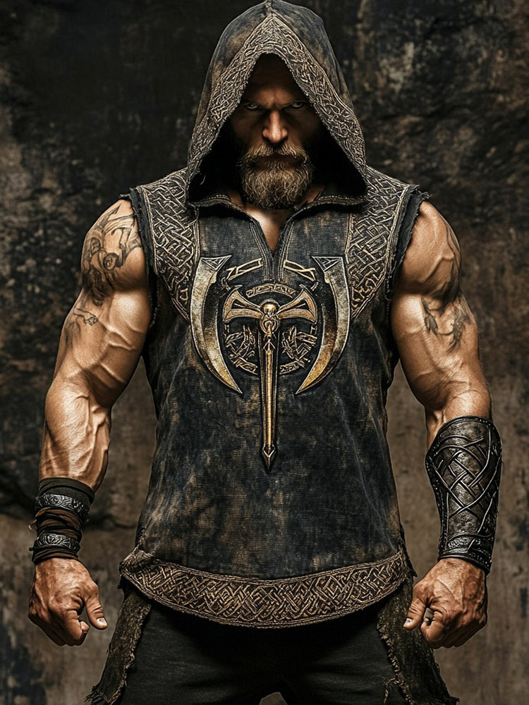 Men's Viking Weapons Axe Celtic Hooded Linen Vest