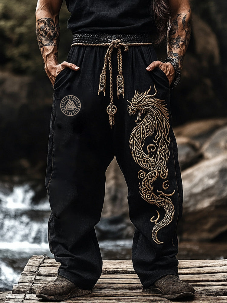 Men's Vintage Viking Dragon Art Linen Pants
