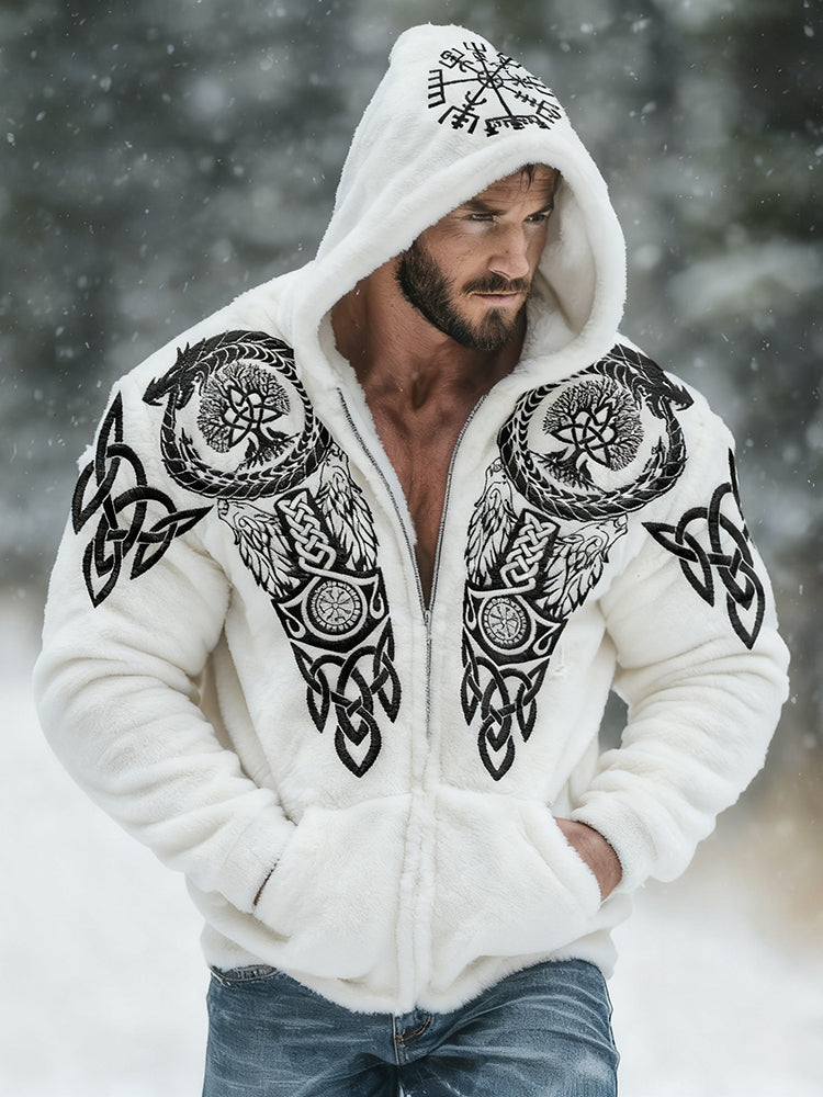 Men's Viking Tribal Jacquard Celtic With Bear Paw Inspired Art Plush Warm Zipped Hooded Jacket
