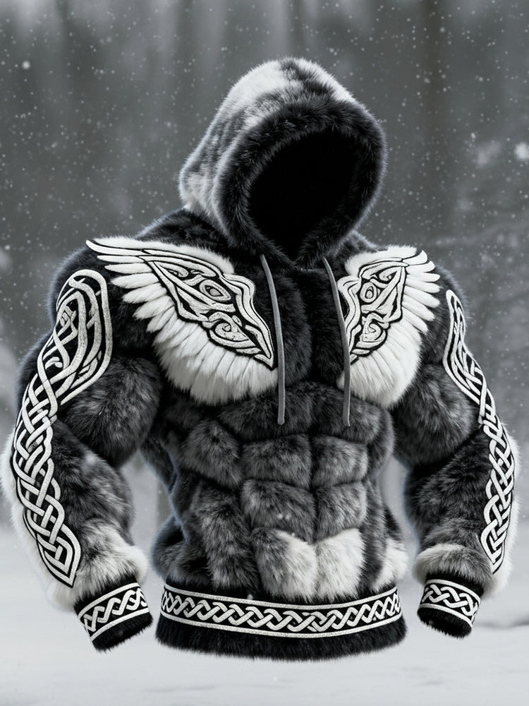 Men's Viking Tribal Jacquard Celtic With Wings Inspired Art Plush Warm Hoodie