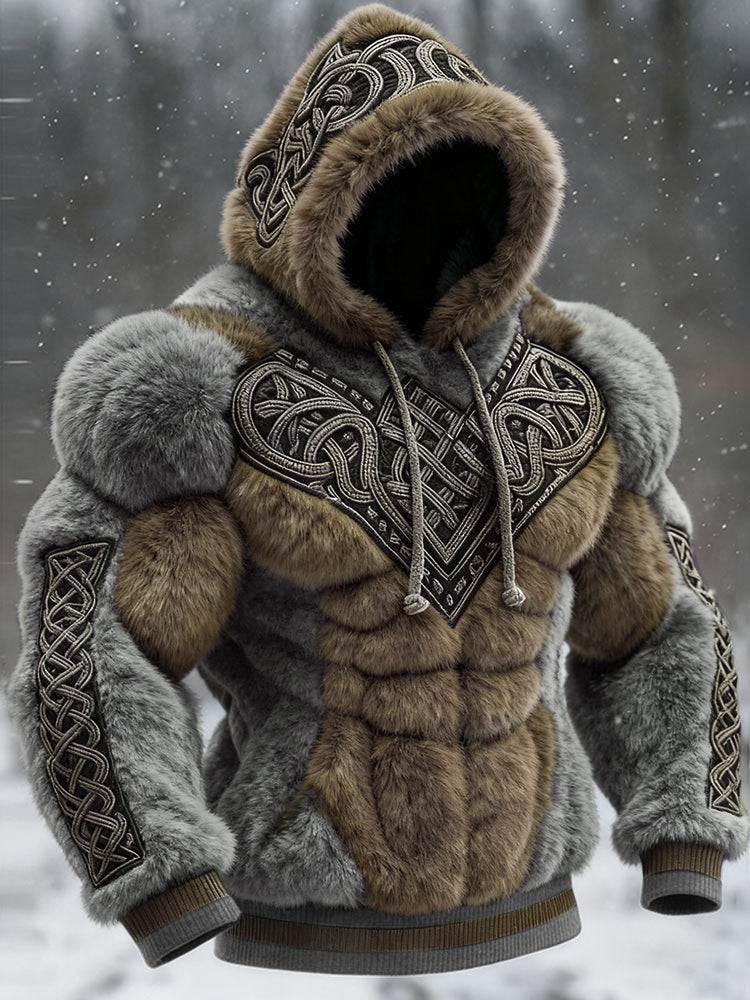 Men's Vintage Viking Tribal Jacquard Celtic Muscle Line Inspired Art Plush Warm Hoodie