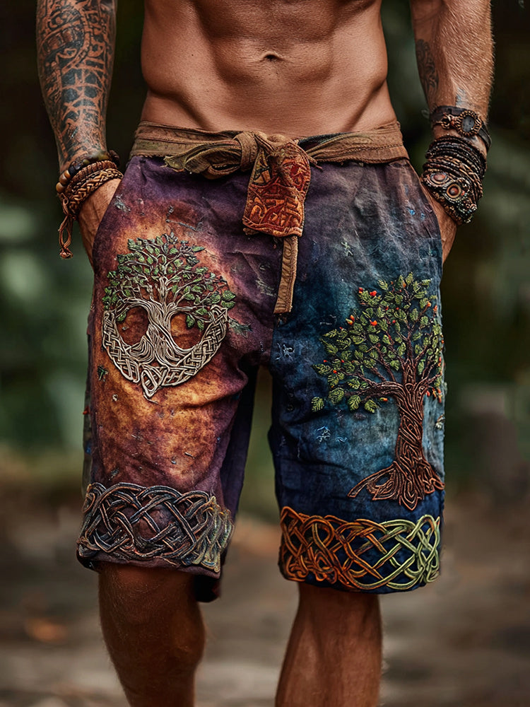 Men's Viking Inspired Tree Of Life With Celtic Knot Art Linen Shorts