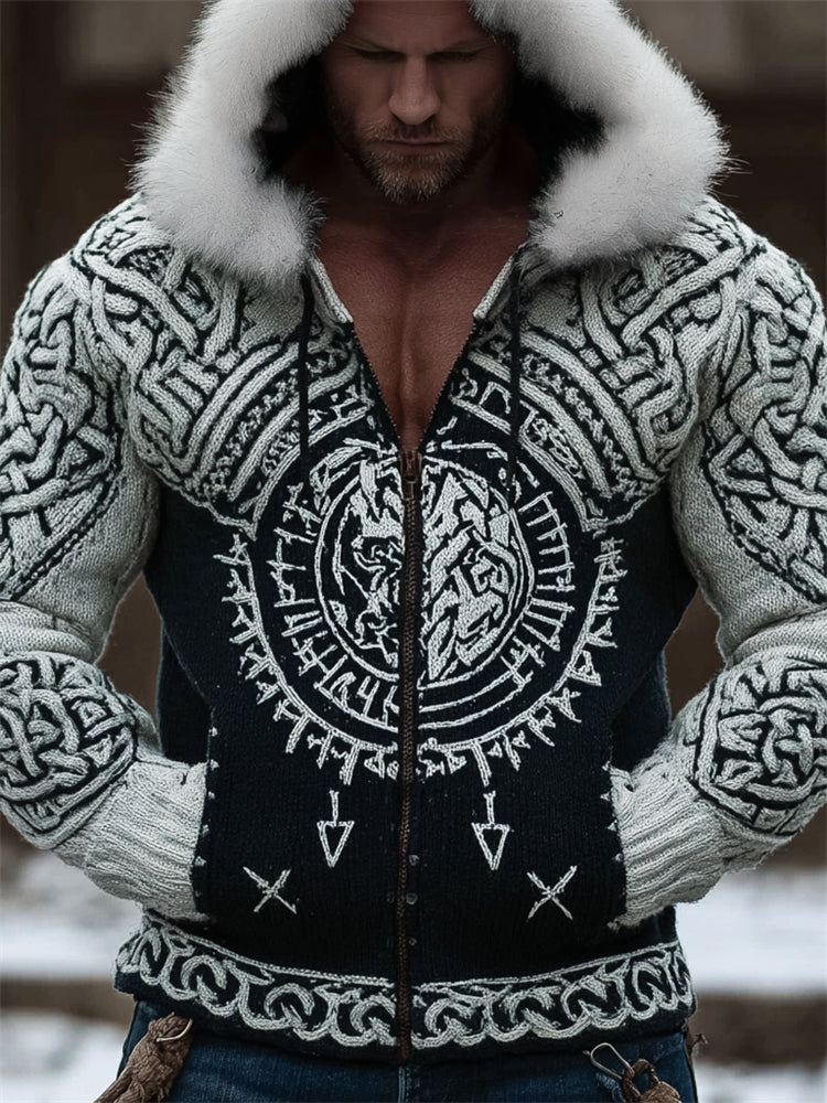 Men's Viking Totem Celtic Contrast Cozy Fur Trim Hooded Cardigan