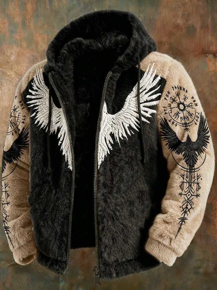 Men's Viking Tribal Jacquard Celtic With Crows & Wings Inspired Plush Warm Zipped Hooded Jacket