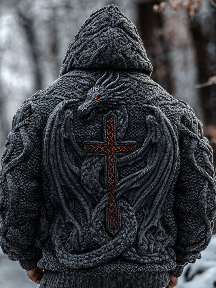 Men's Viking Inspired Dragon Cross Chunky Hooded Sweater
