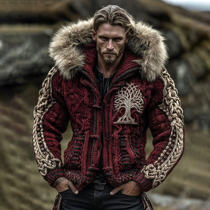 Men's Viking Life Of Tree Celtic Knot Art Warm Christmas Knit Hooded Jacket