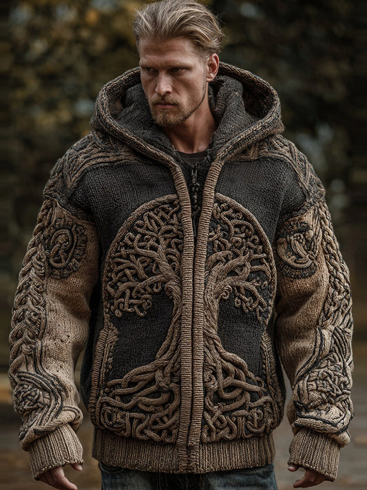 Men's Viking Tree Of Life Celtic Art Knit Hooded Zip-up Sweater