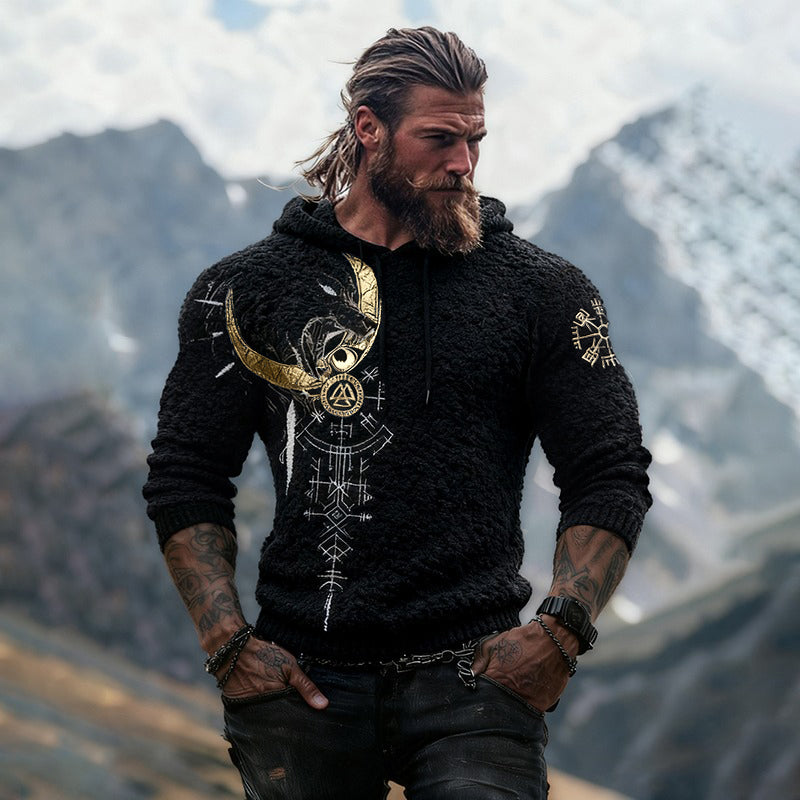 Viking Wolf Runes Design Men's Flannel Hoodie Sweater