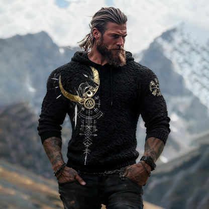 Viking Wolf Runes Design Men's Flannel Hoodie Sweater