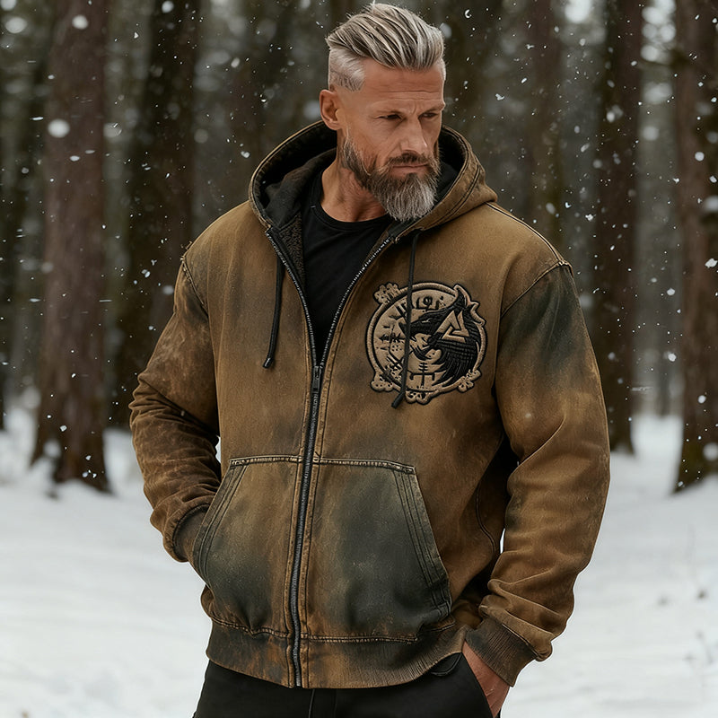 Men's Vintage Viking Symbol Wolf Totem Distressed Zip Hoodie