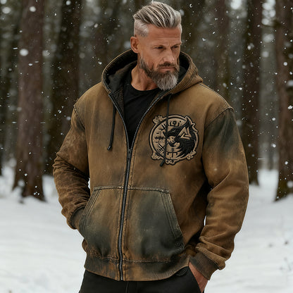 Men's Vintage Viking Symbol Wolf Totem Distressed Zip Hoodie