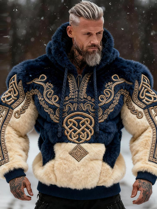 Men's Viking Tribal Jacquard Muscle Line Inspired Art Plush Warm Hoodie