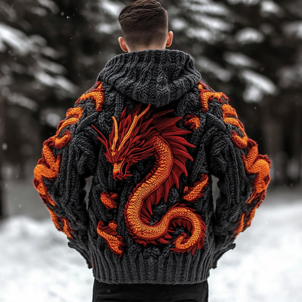Men's Viking Dragon Celtic Thick Knit Zip-up Hooded Sweater