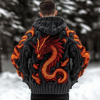 Men's Viking Dragon Celtic Thick Knit Zip-up Hooded Sweater