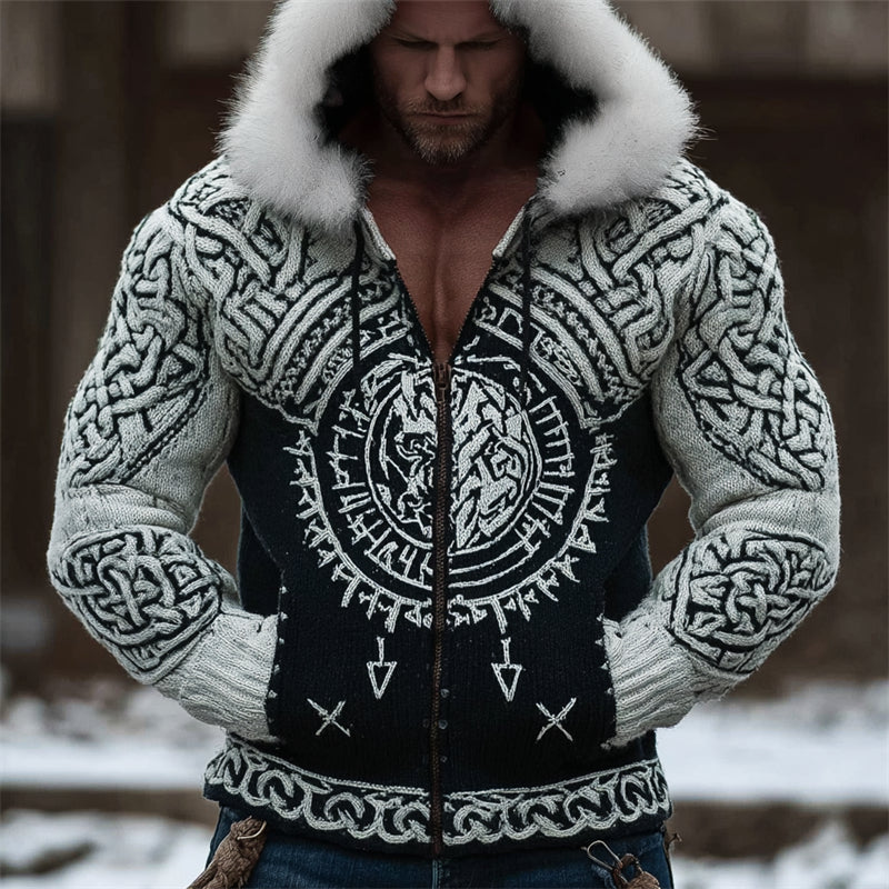 Men's Viking Totem Celtic Contrast Cozy Fur Trim Hooded Cardigan