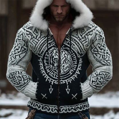 Men's Viking Totem Celtic Contrast Cozy Fur Trim Hooded Cardigan