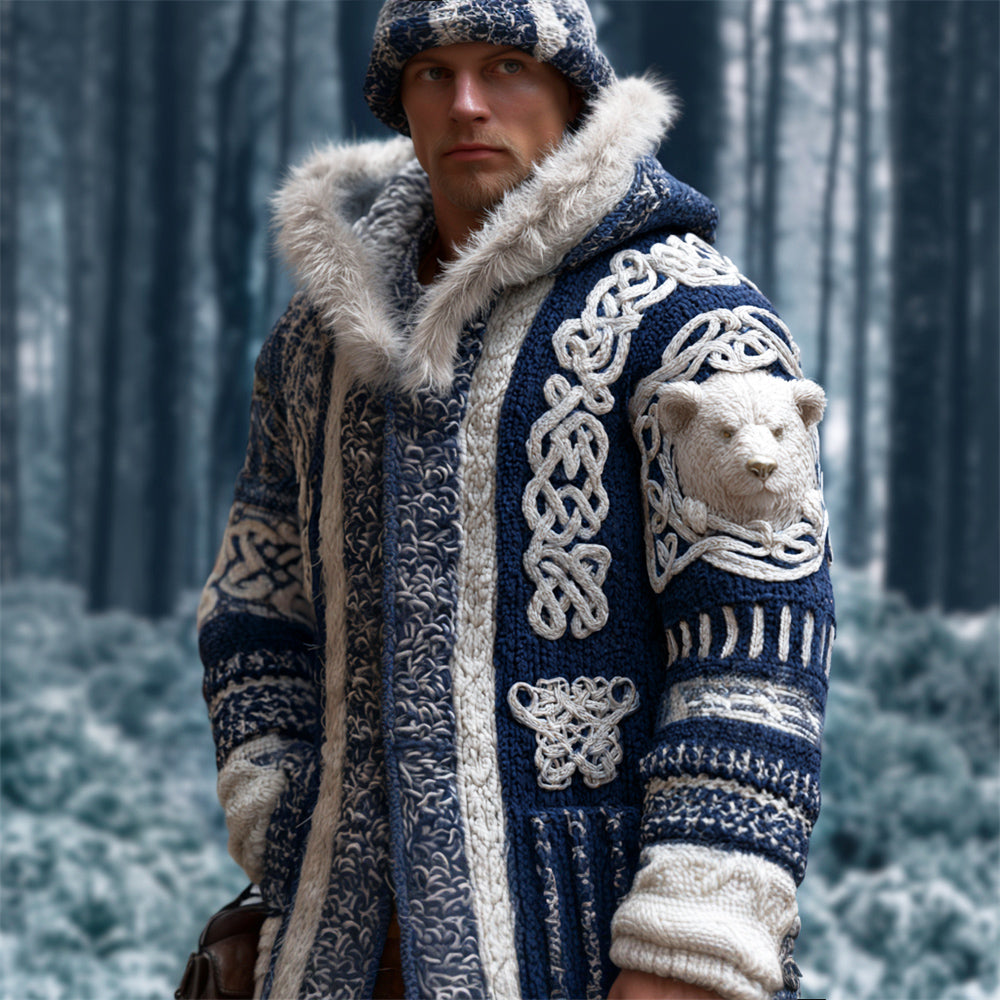 Viking Celtic Knot & Arctic Bear Art Men's Hooded Knit Cardigan
