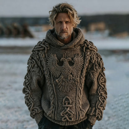 Men's Vintage Viking Eagle Art Cozy Knit Hooded Sweater