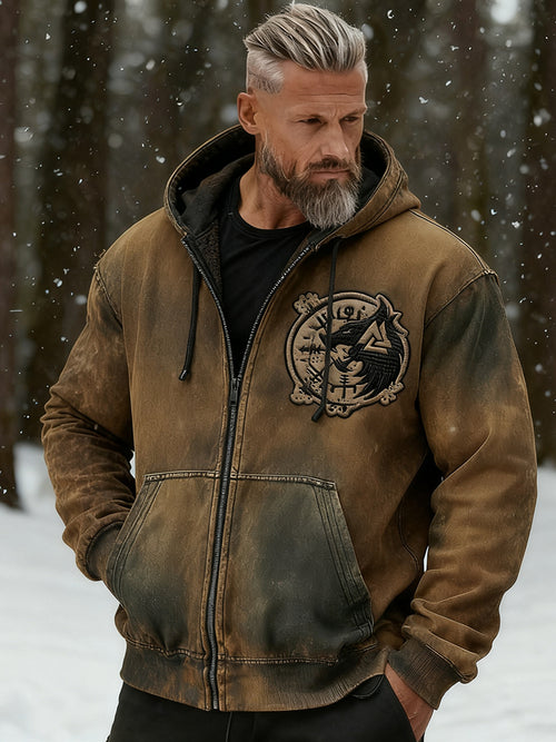 Men's Vintage Viking Symbol Wolf Totem Distressed Zip Hoodie