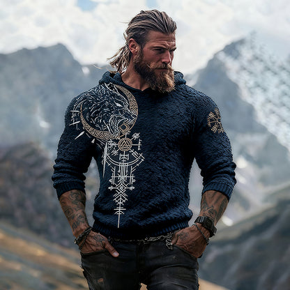 Viking Wolf Runes Design Men's Flannel Hoodie Sweater