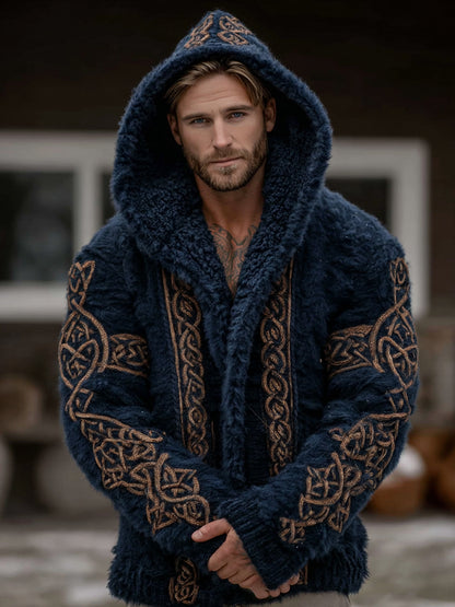 Men's Viking Tribal Jacquard Celtic Knot Plush Warm Zipped Hooded Jacket