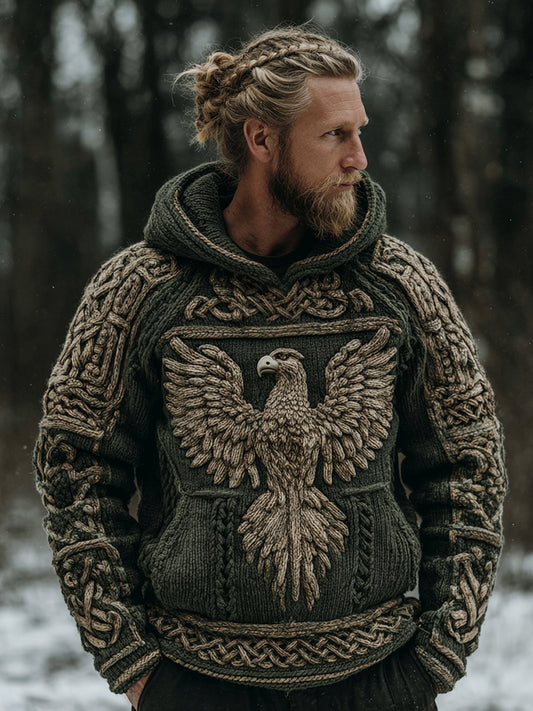 Men's Vintage Viking Celtic Knot Eagle Knit Hooded Sweater