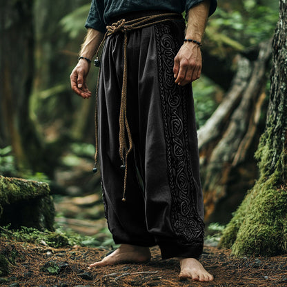 Vintage Tribal Viking Celtic Embroidery Art Linen Long Loose Wide-leg Pants