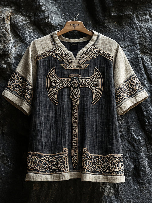 Men's Viking Runes Axe Celtic Patchwork Art Linen Shirt