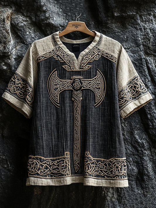 Men's Viking Runes Axe Celtic Patchwork Art Linen Shirt
