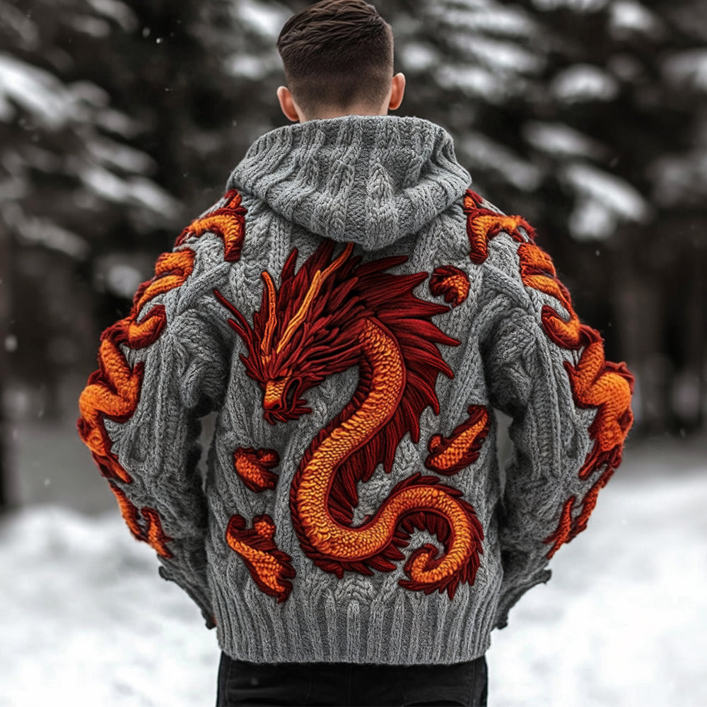Men's Viking Dragon Celtic Thick Knit Zip-up Hooded Sweater