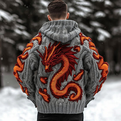 Men's Viking Dragon Celtic Thick Knit Zip-up Hooded Sweater
