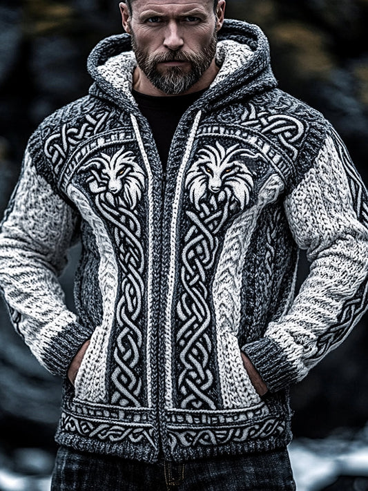 Men's Viking Wolf Style Celtic Thick Zip Hooded Sweater