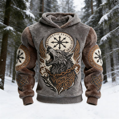 Viking Giant Wolf & Vegvisir Totem Men's Flannel Hooded Sweatshirt