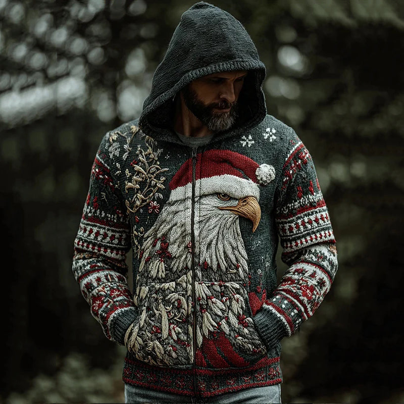 Men's Viking Christmas Eagle Pattern Cozy Knit Zip Up Hooded Sweater