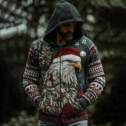 Men's Viking Christmas Eagle Pattern Cozy Knit Zip Up Hooded Sweater