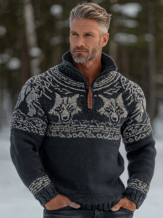 Men's Vintage Viking Wolf Pattern Cozy Knit Half Zipped Sweater