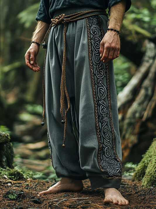 Vintage Tribal Viking Celtic Embroidery Art Linen Long Loose Wide-leg Pants