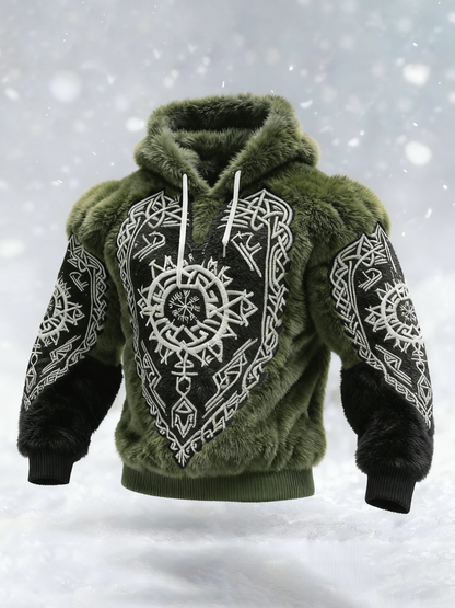 Men's Viking Tribal Jacquard Celtic Inspired Art Plush Warm Hoodie